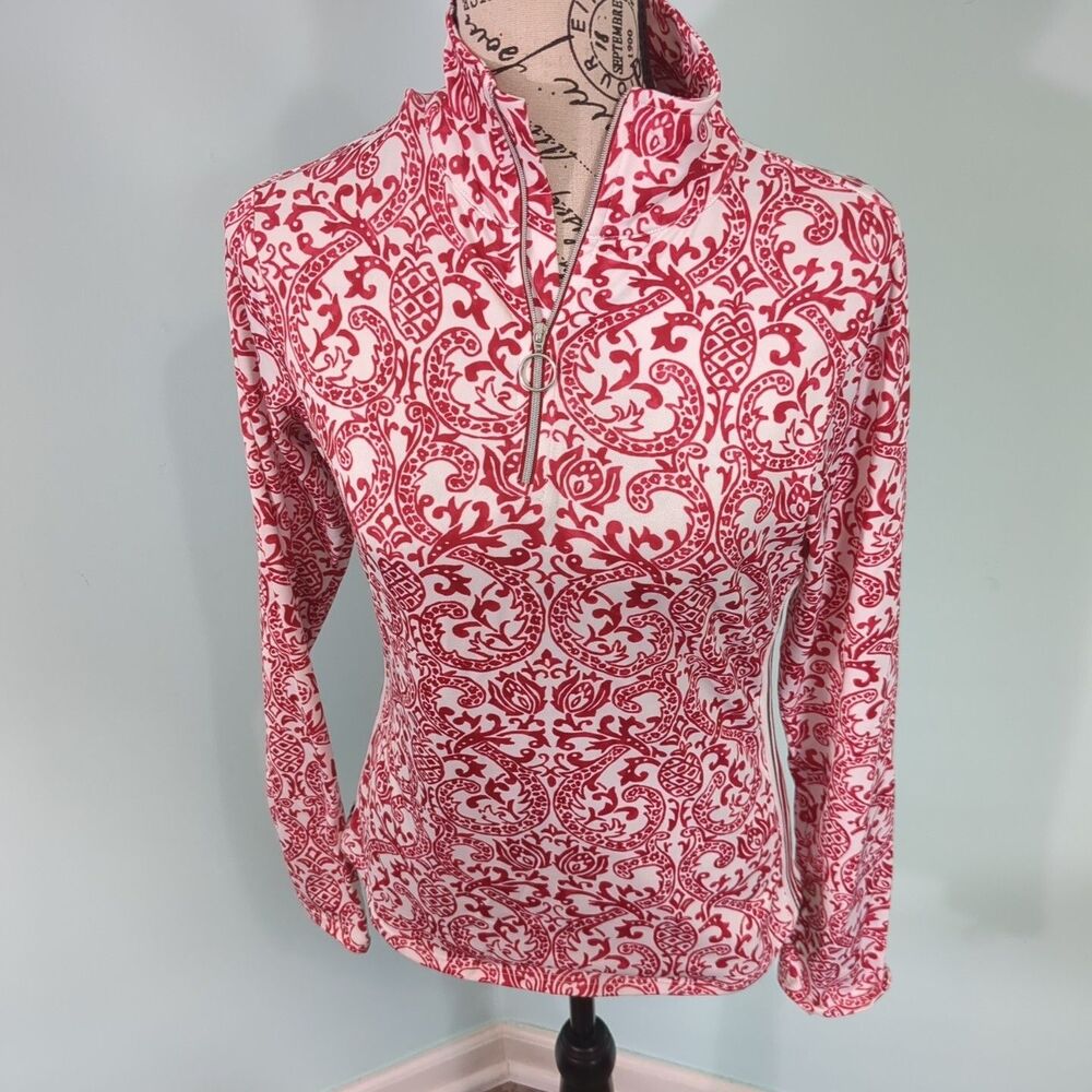 Athleta Women s Red Paisley Long Sleeve Quarter Zip Pullover small athleisire wo